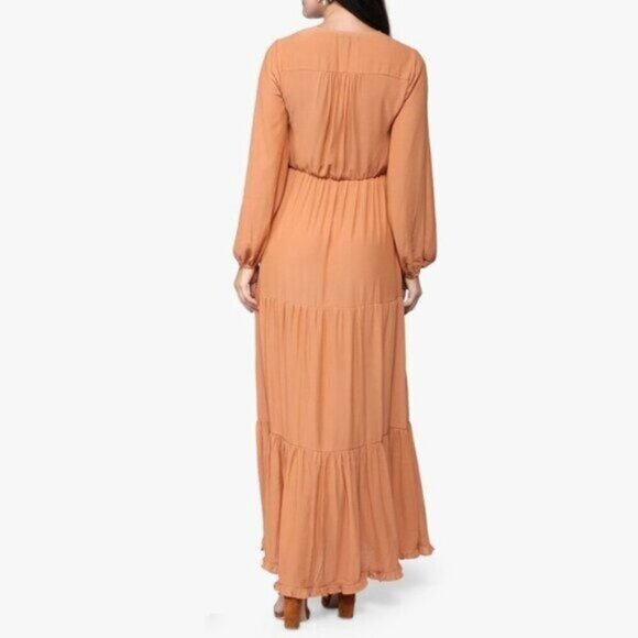 Tiered Maxi Dress Rust Bronze Billowy Sleeves Tassel Tie Front - Picture 6 of 6